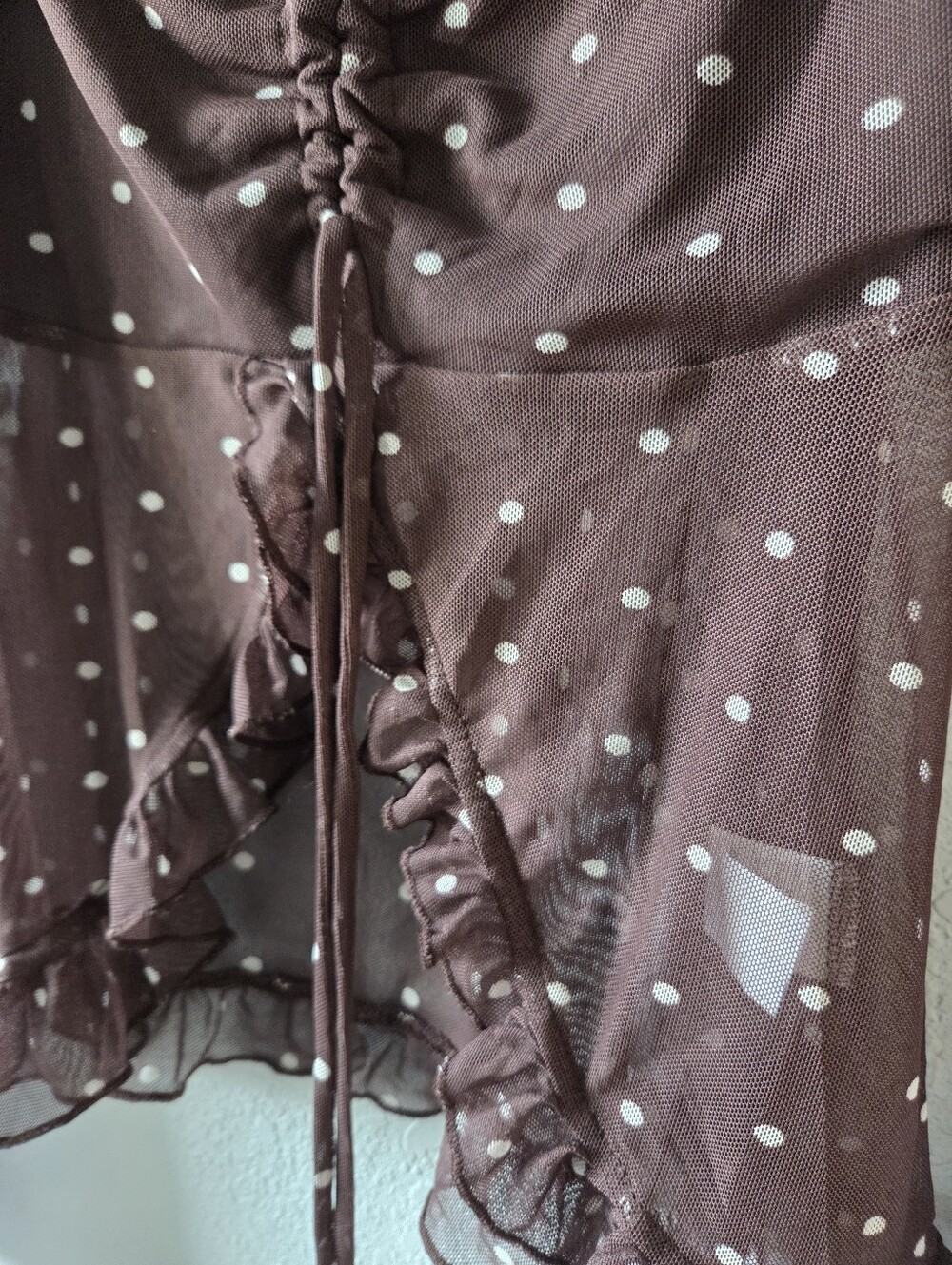 Brown Polka Dot Ruched Mesh Blouse - Picture 3 of 4
